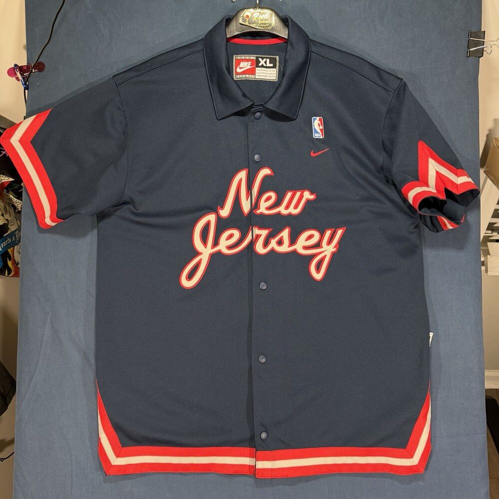 Vintage New Jersey Nets Nike Warm Up Shooting Shirt Button Snap Up Mens XL NICE